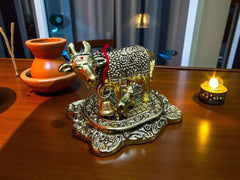 Pure German Kamdhenu Cow and Calf Idol Brass German Silver