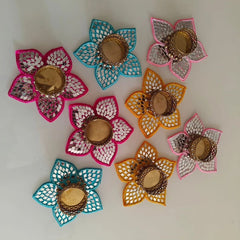 Handcrafted Mirror Work Flower Tealight Holders – Set of 4 (Multicolor)