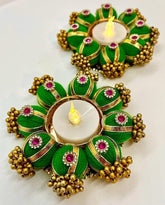 Elegant Handcrafted Green Beaded Tealight Candle Holders – Set of 2