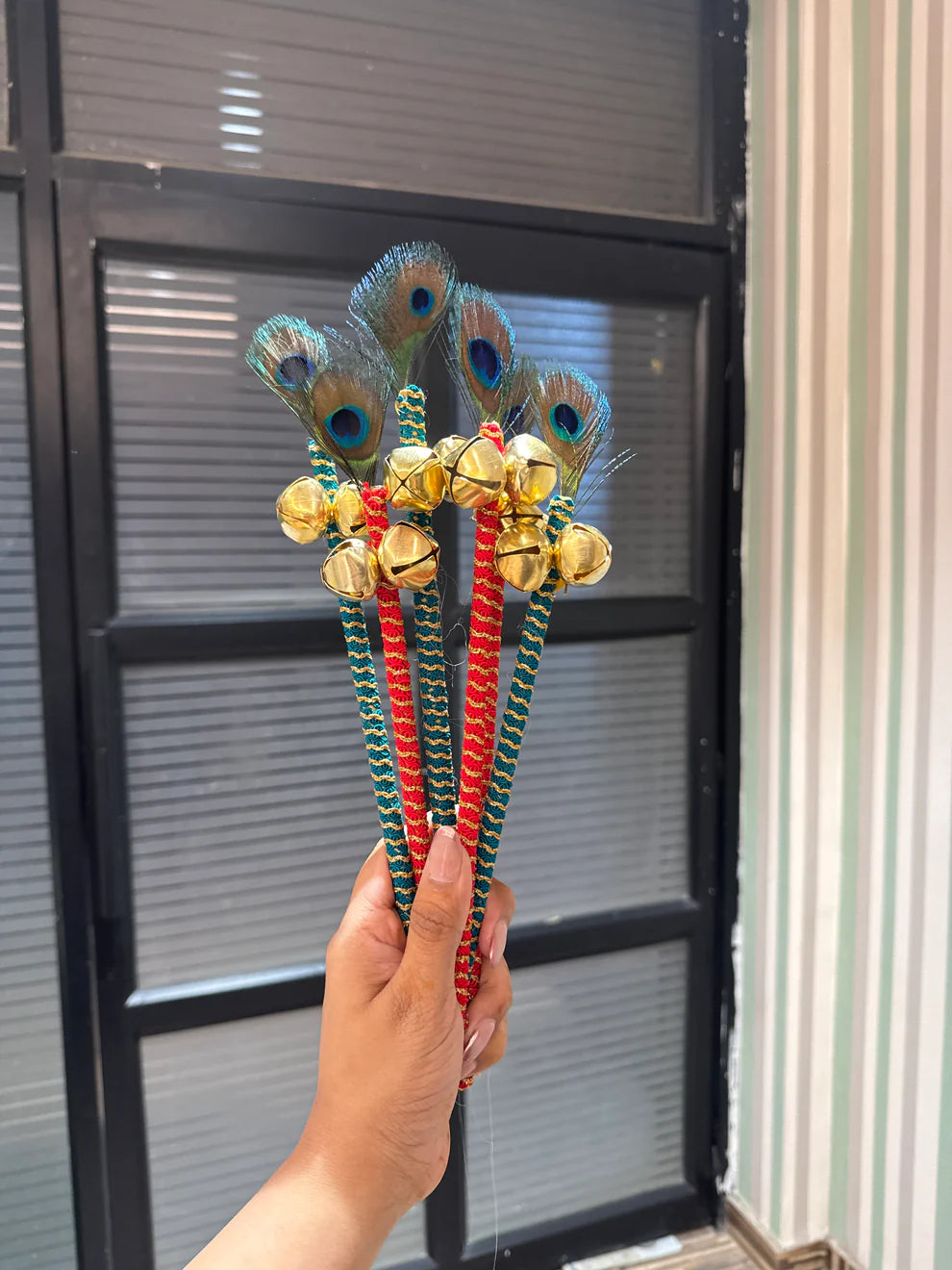 Handcrafted Wedding Ghungru Bell Stick with Peacock Feather