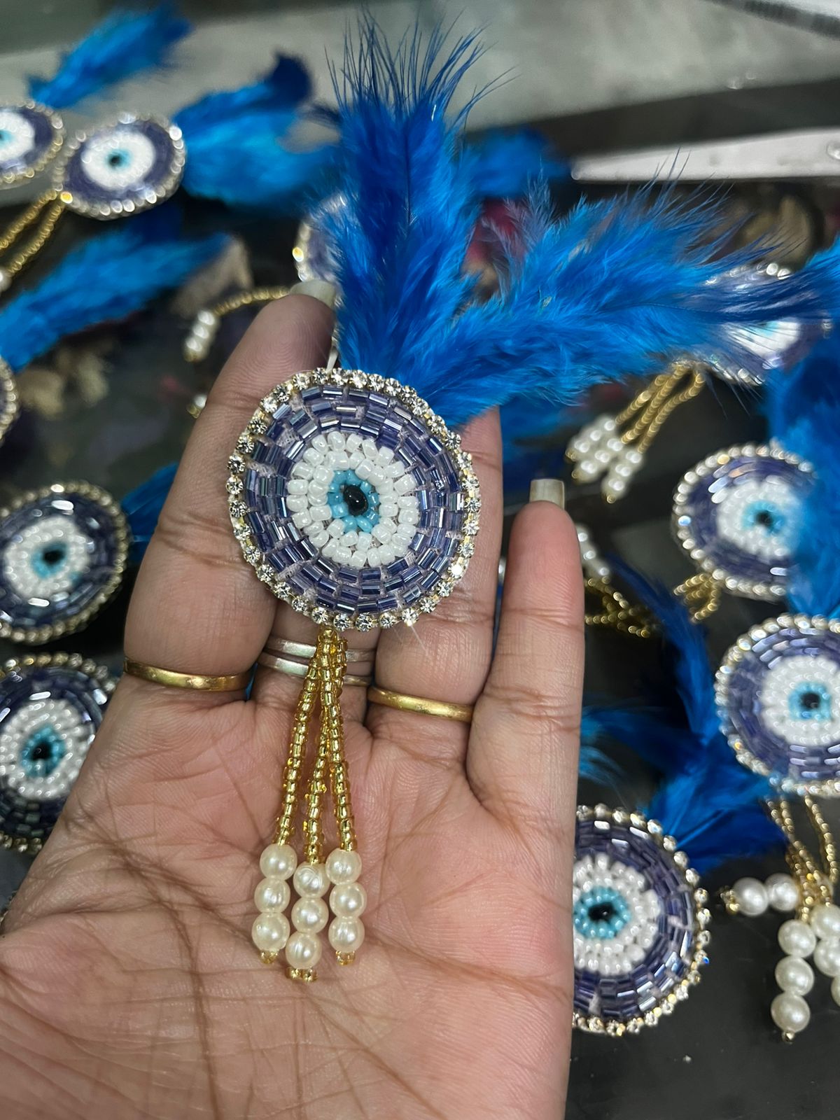 Evil Eye Weeding Brooch With blue Feather