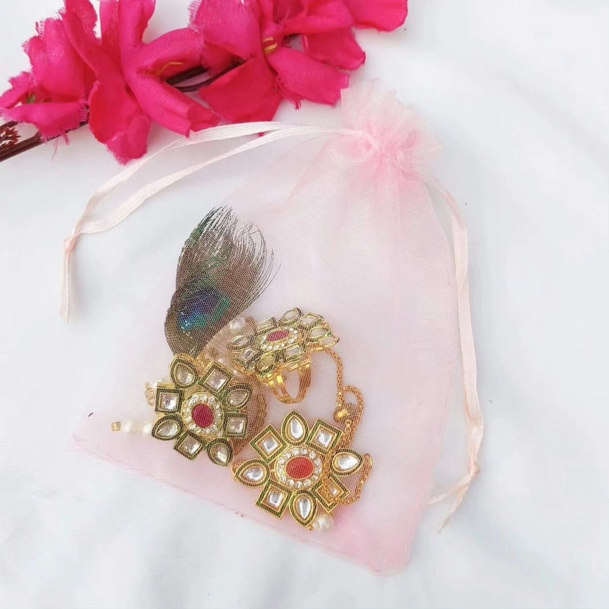 Kundan Ring Bracelate and Brooch Combo with potli