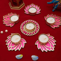 Lotus-Themed Tealight Candle Holder Set – Decorative Diya