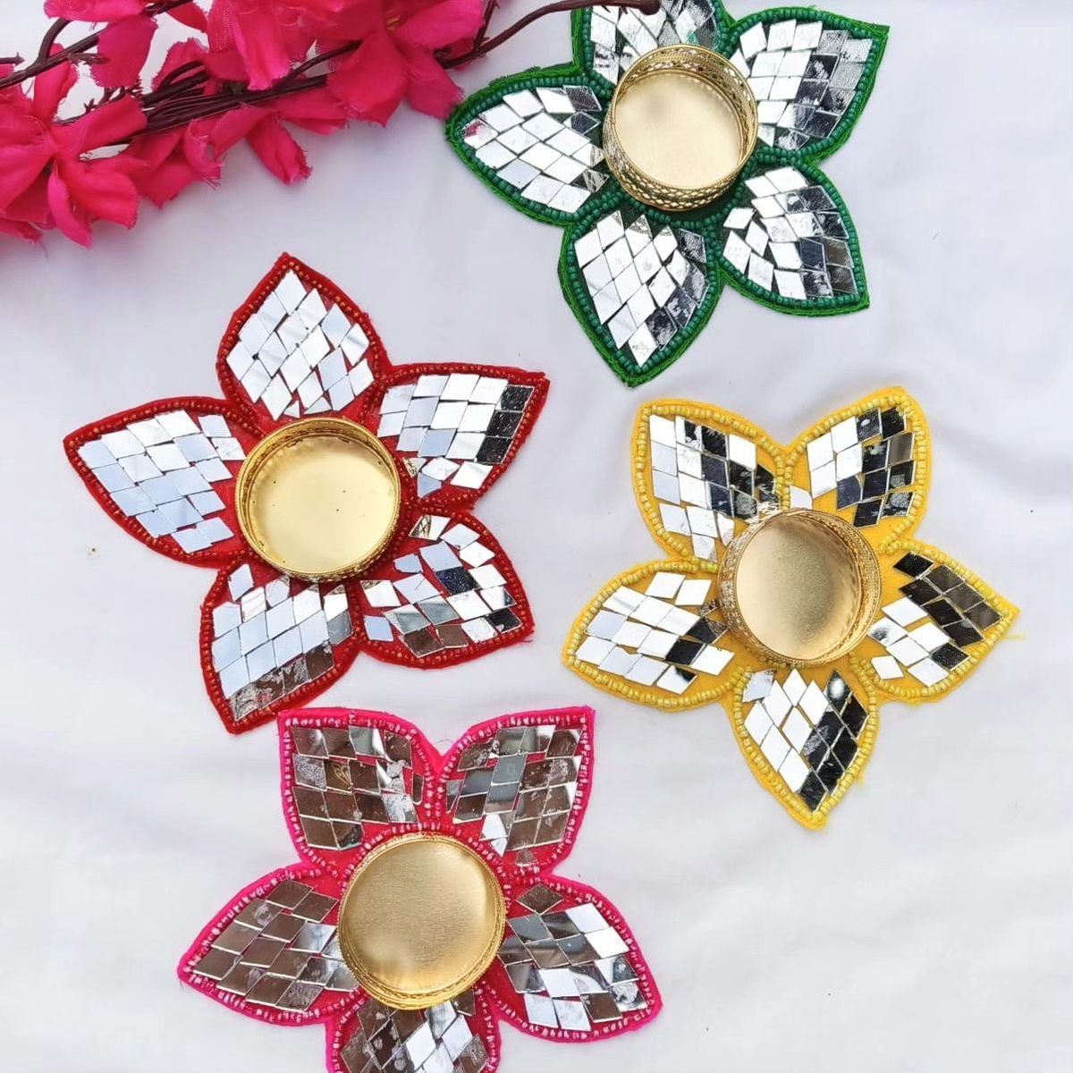 Handcrafted Mirror Work Flower Tealight Holders – Set of 4 (Multicolor)