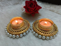 Elegant Pearl-Embellished Gold Tealight Holders – Set of 6