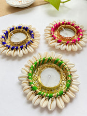 Handcrafted Multicolor Round Shell Tealight Holders – Set of 4